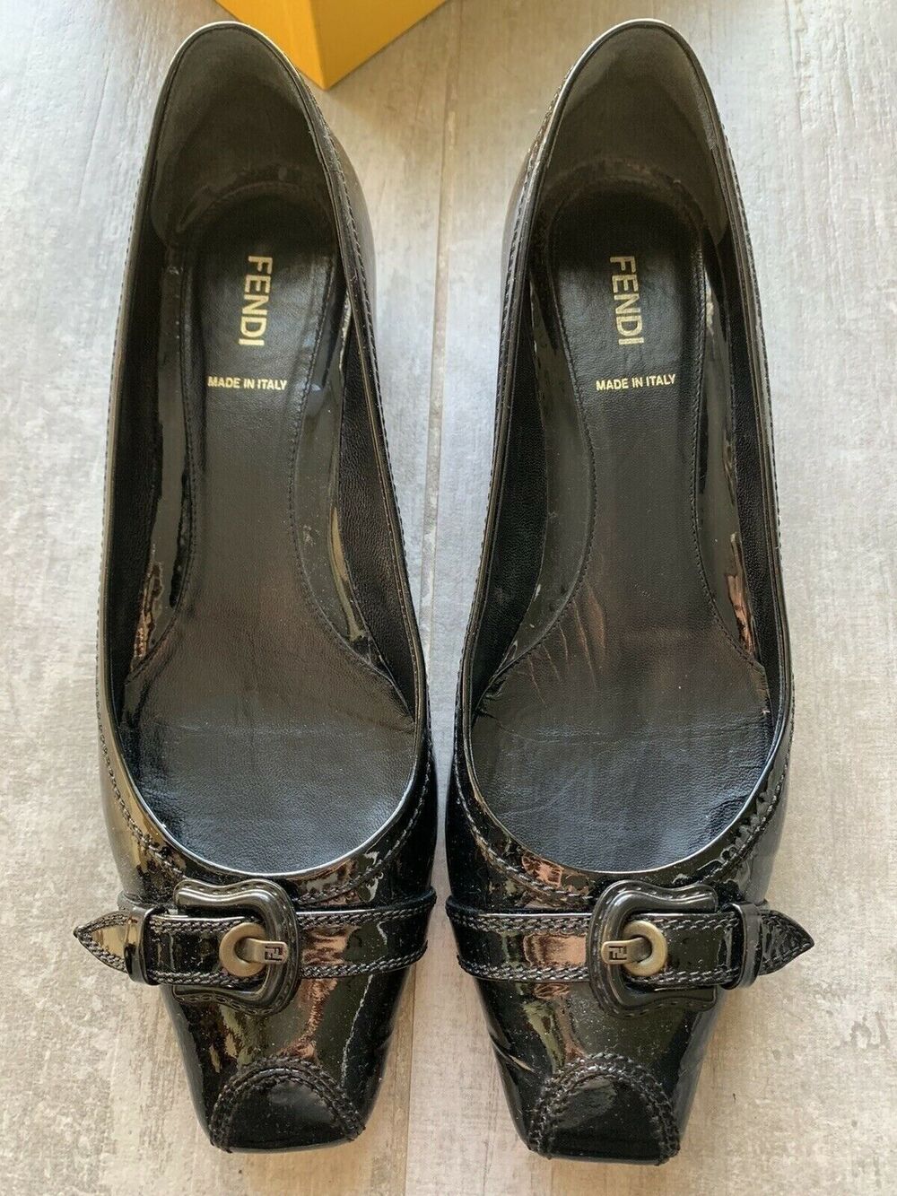 $495 FENDI Decollete Vernice Black Patent Leather Kitten Heel Pumps 39 US 8.5 9